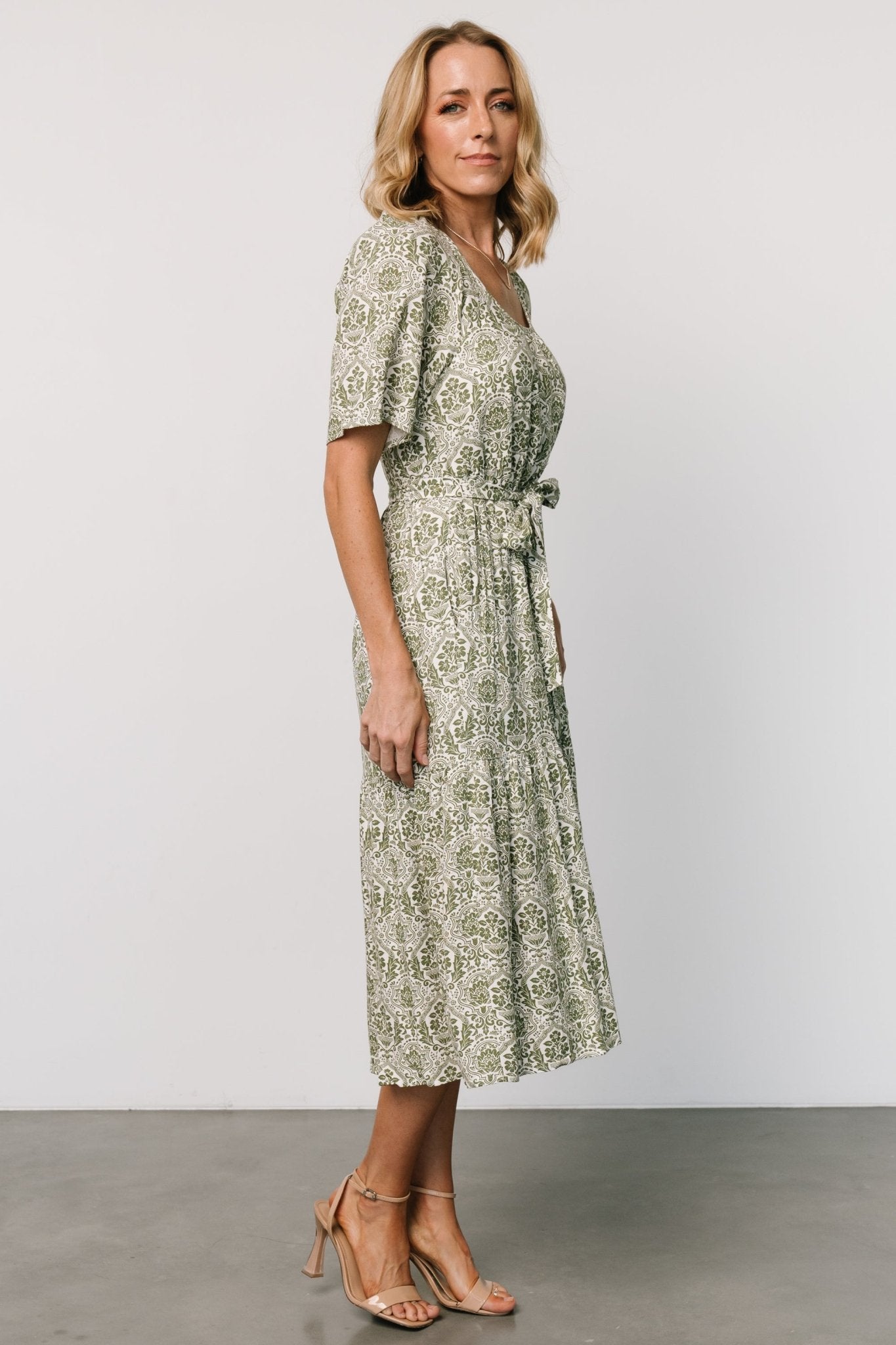 Lyla Midi Dress | White + Olive Print