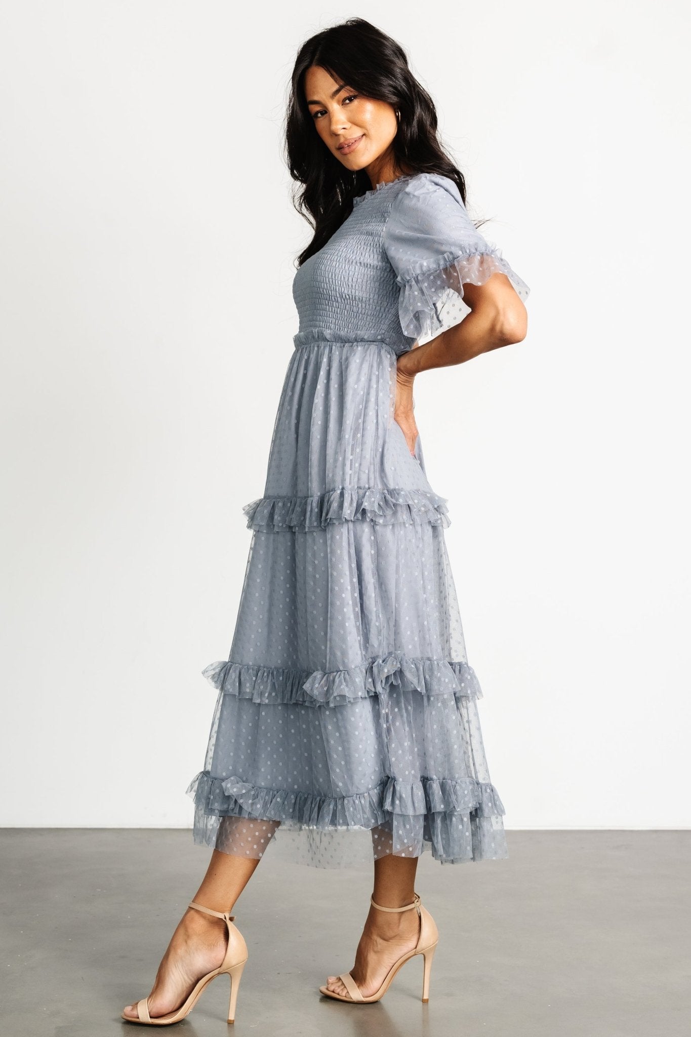 Lysandra Smocked Dot Dress | Dusty Slate