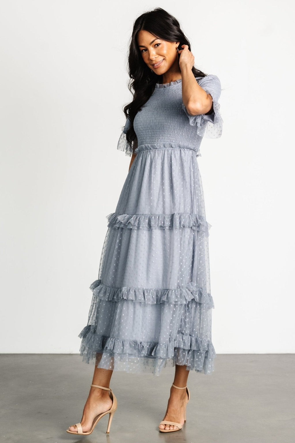 Lysandra Smocked Dot Dress | Dusty Slate