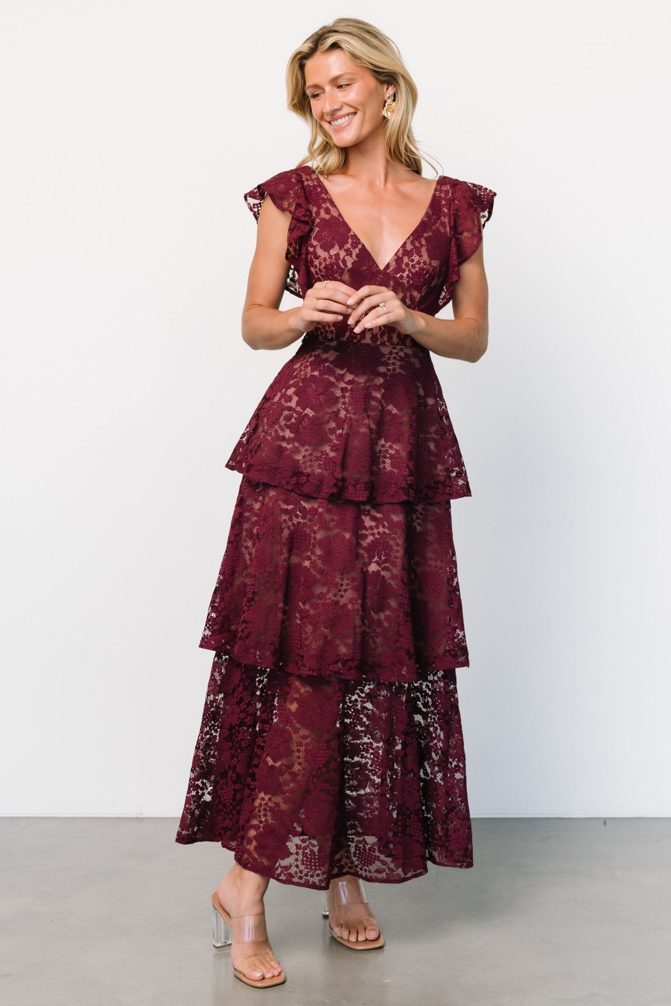 Margot Lace Tiered Maxi Dress | Wine