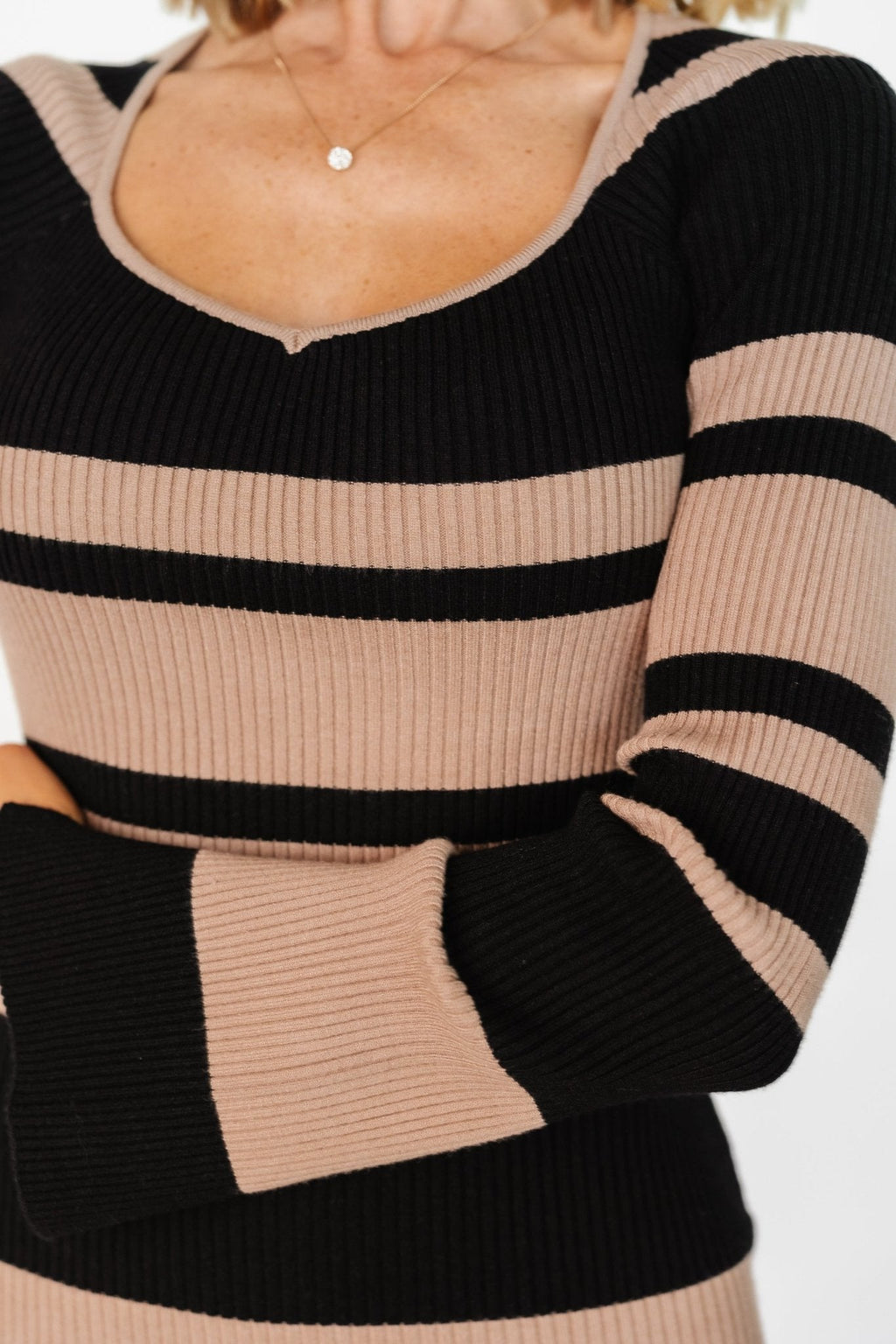 Marika Ribbed Dress | Camel + Black Stripe