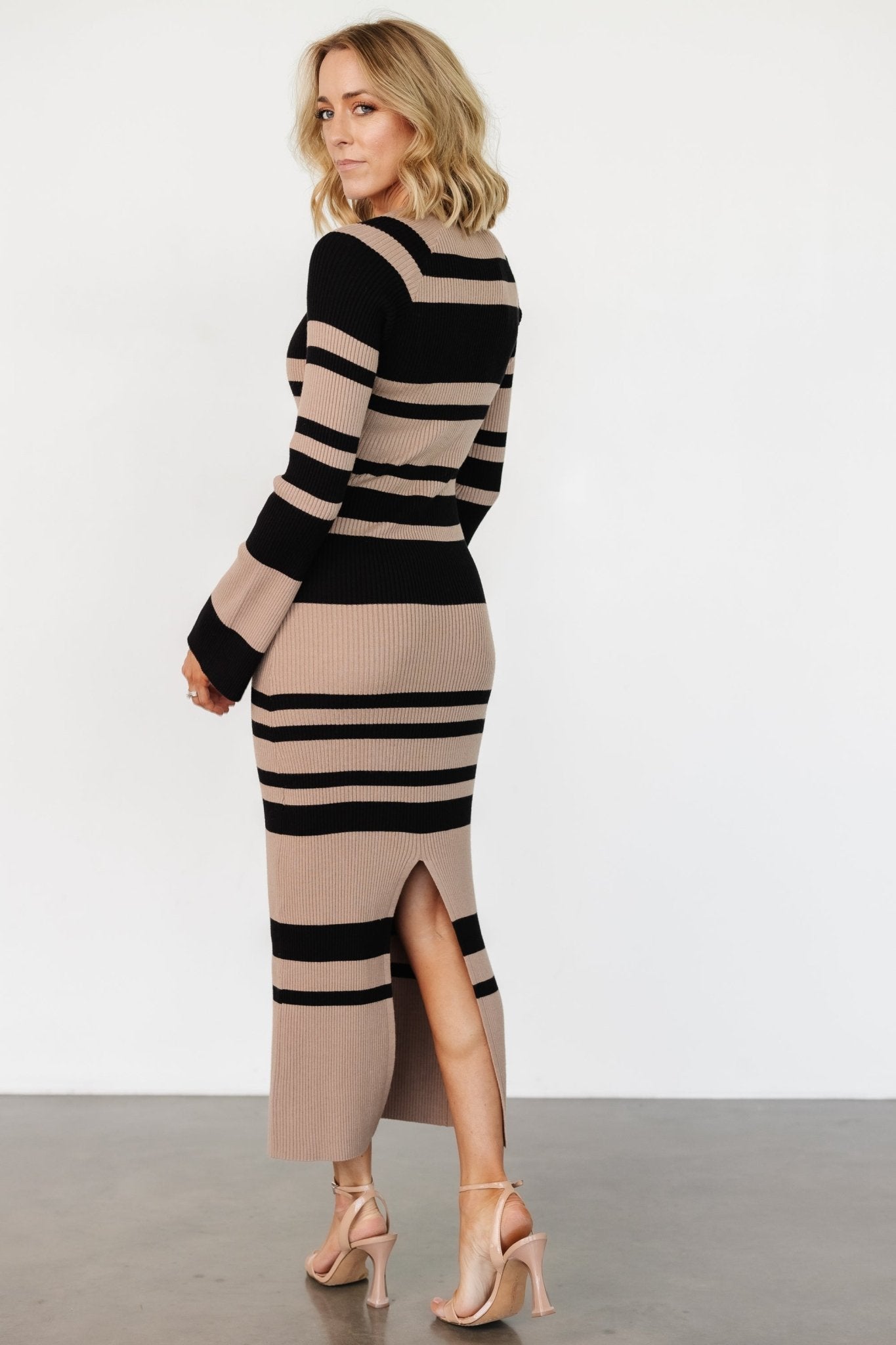 Marika Ribbed Dress | Camel + Black Stripe