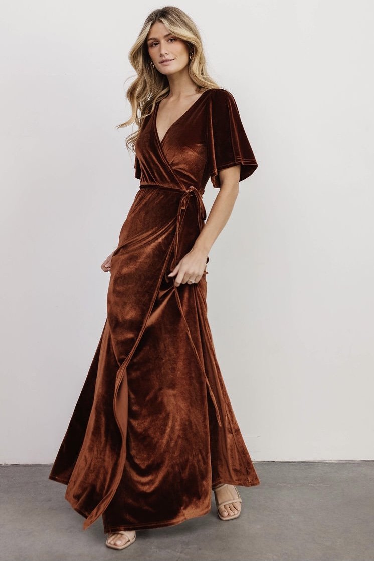 Meghan Velvet Wrap Maxi Dress | Bronze