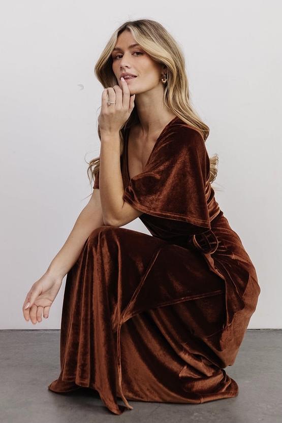 Meghan Velvet Wrap Maxi Dress | Bronze