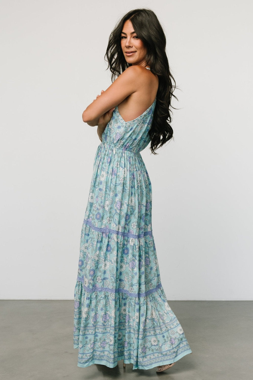 Meline Button Front Maxi Dress | Light Blue Multi