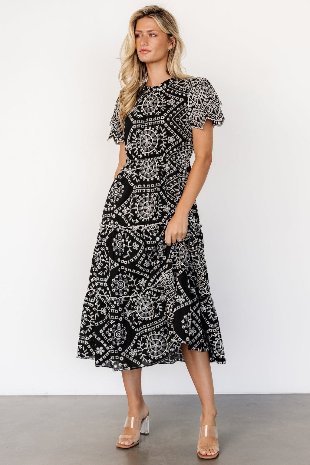 Mirabel Eyelet Midi Dress | Black + White