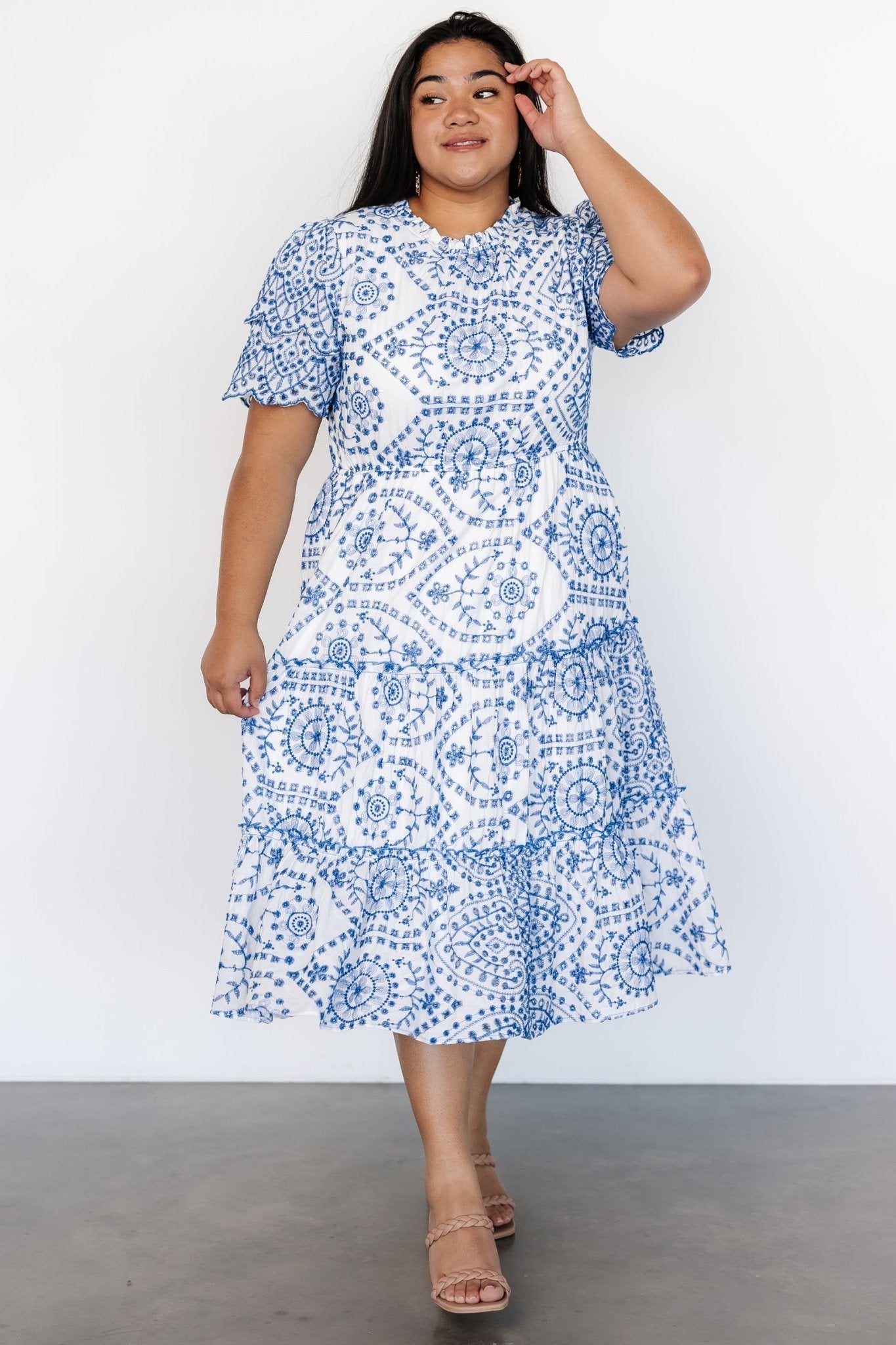 Mirabel Eyelet Midi Dress | White + Blue