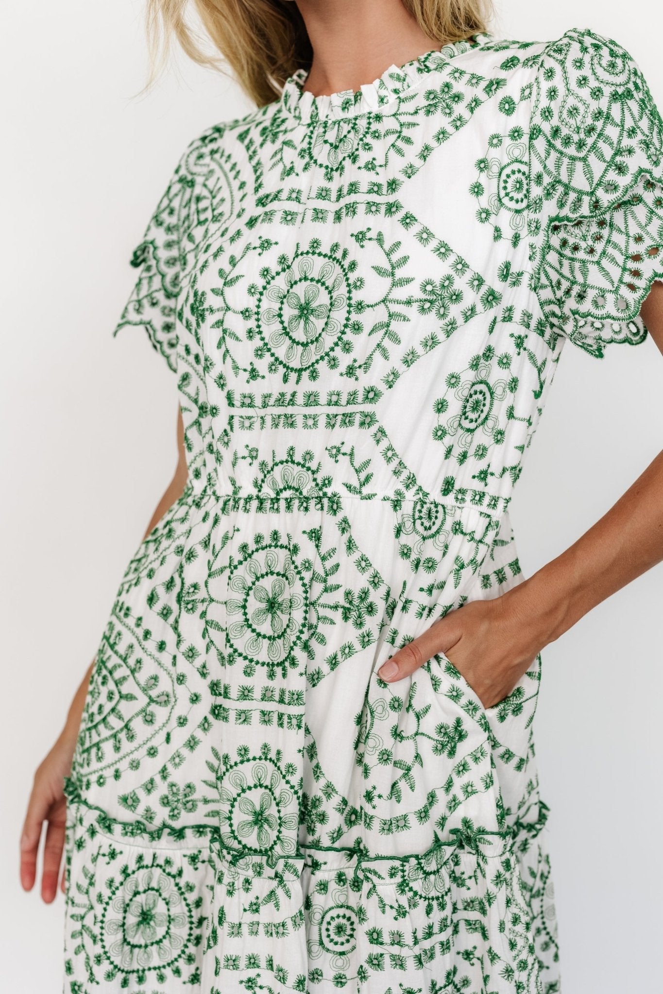 Mirabel Eyelet Midi Dress | White + Green
