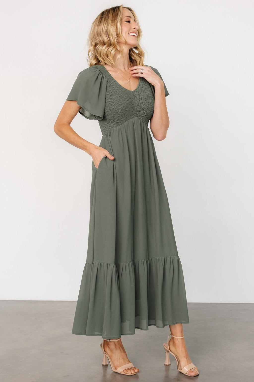 Monica Smocked Dress | Dark Sage