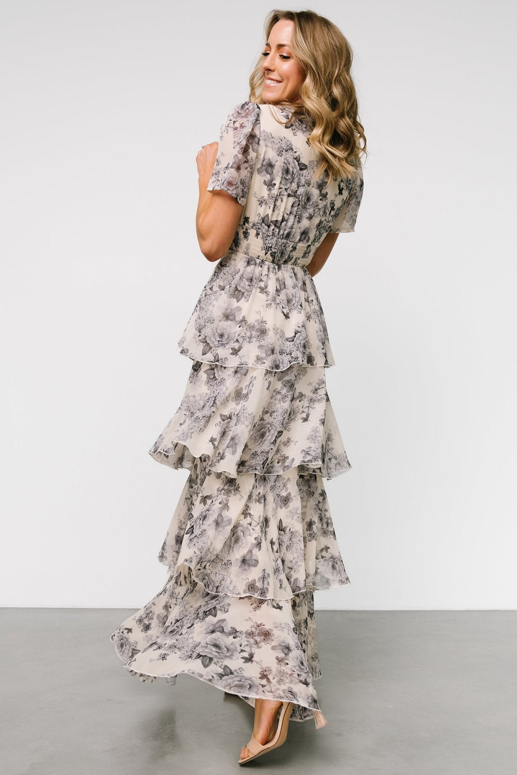 Montaigne Ruffle Maxi Dress | Beige + Slate Floral