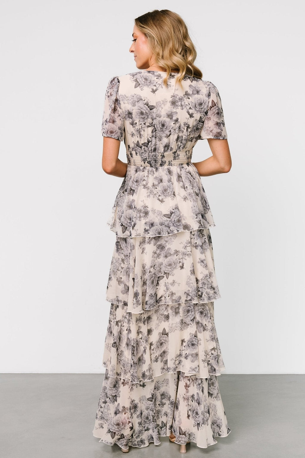 Montaigne Ruffle Maxi Dress | Beige + Slate Floral