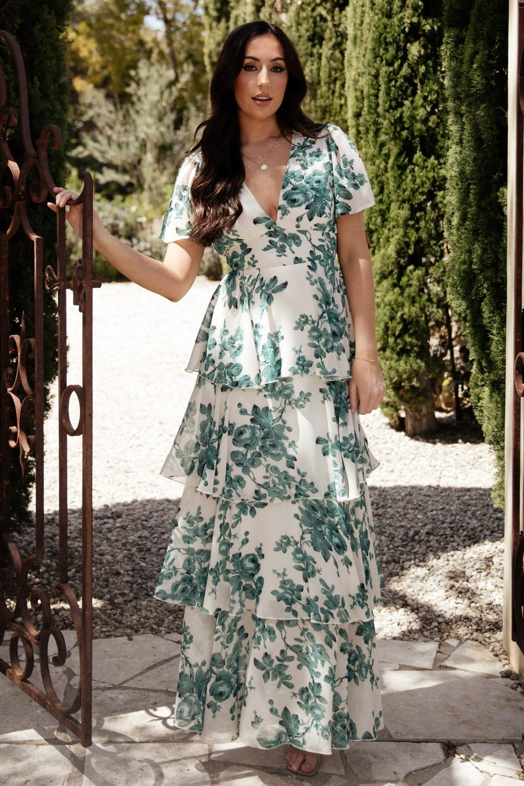 Montaigne Ruffle Maxi Dress | Ivory + Green Floral
