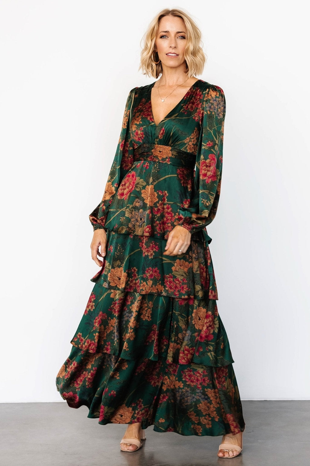 Montrouge Tiered Satin Dress | Emerald Floral