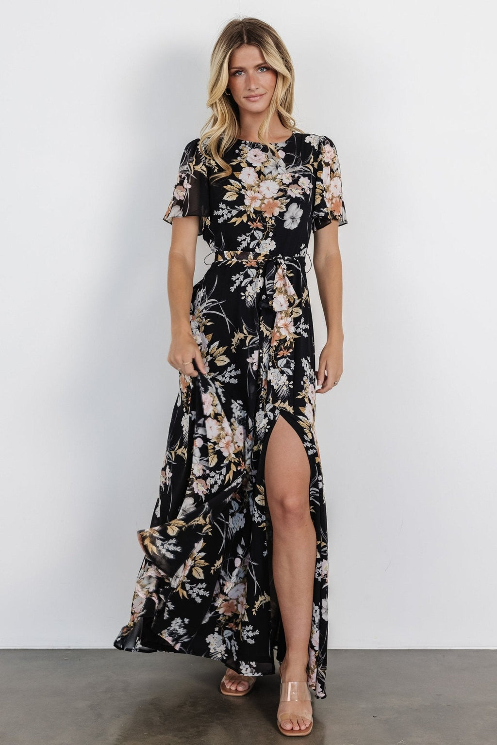 Naomi Short Sleeve Maxi Dress | Black Floral