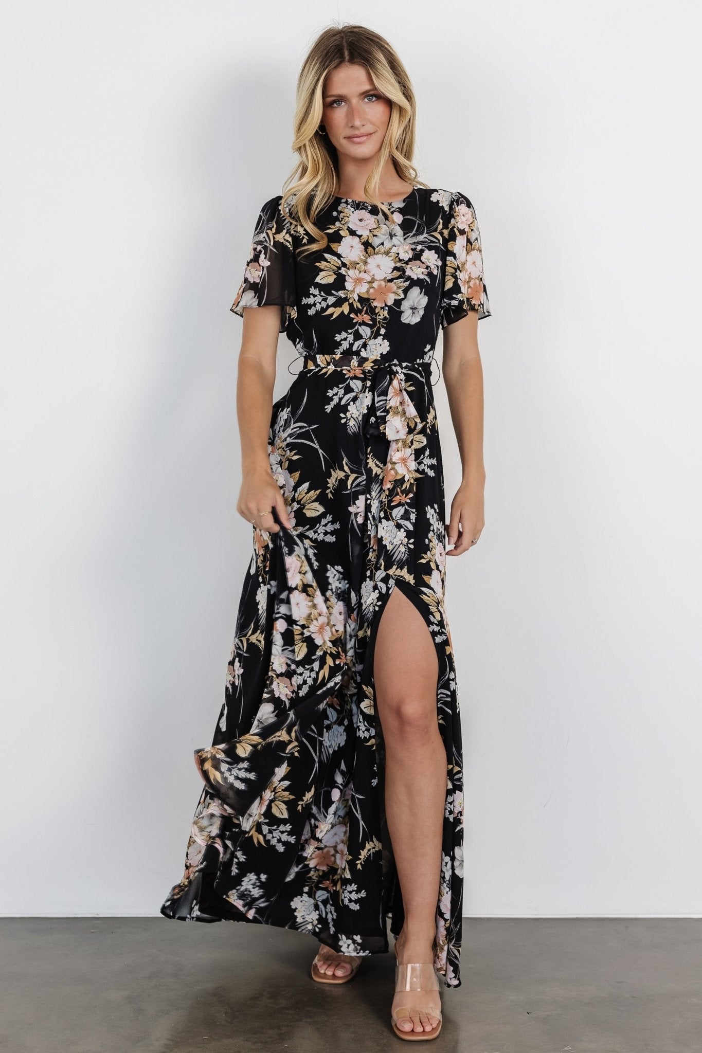 Naomi Short Sleeve Maxi Dress | Black Floral