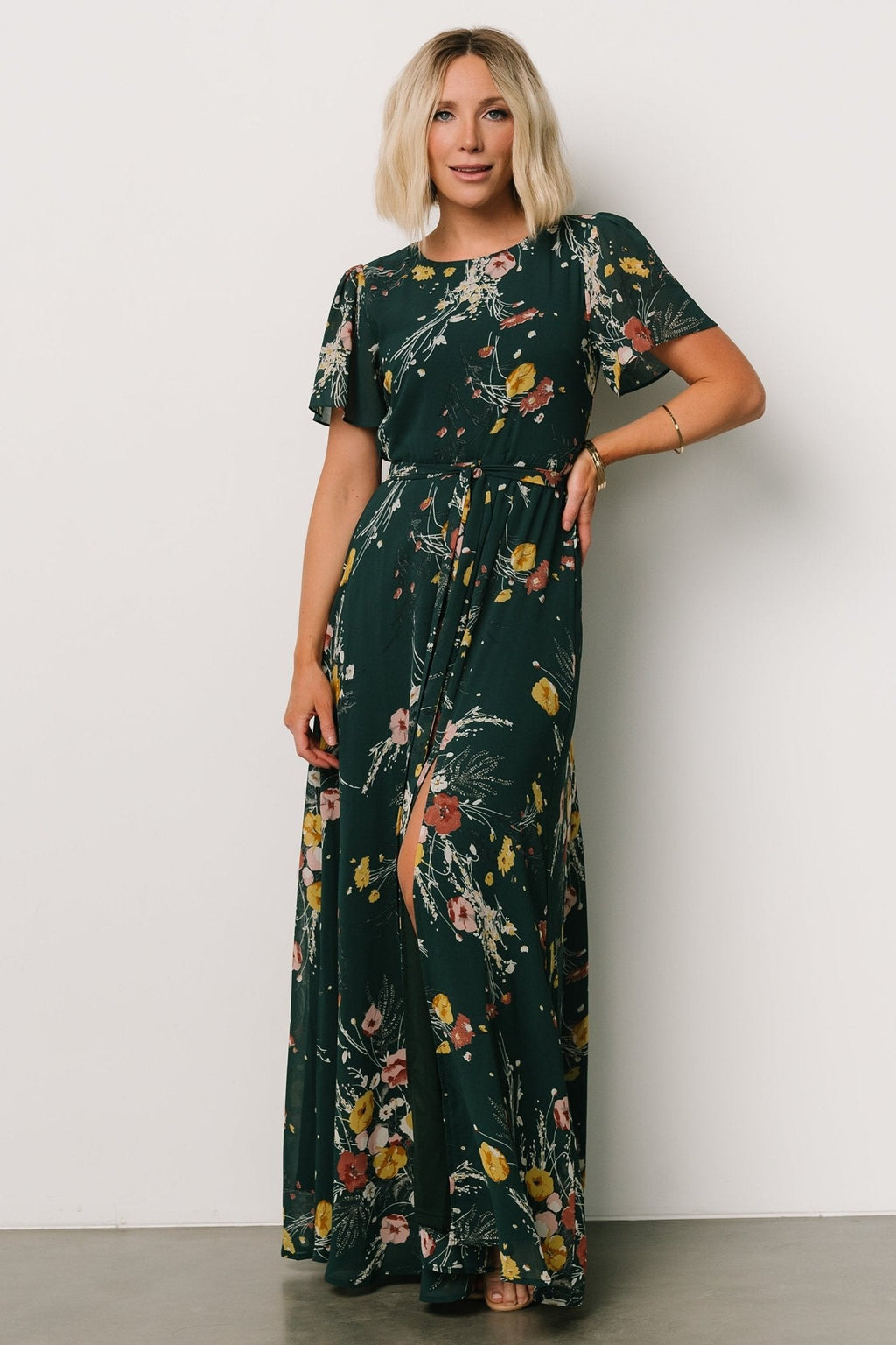 Naomi Short Sleeve Maxi Dress | Dark Green Floral