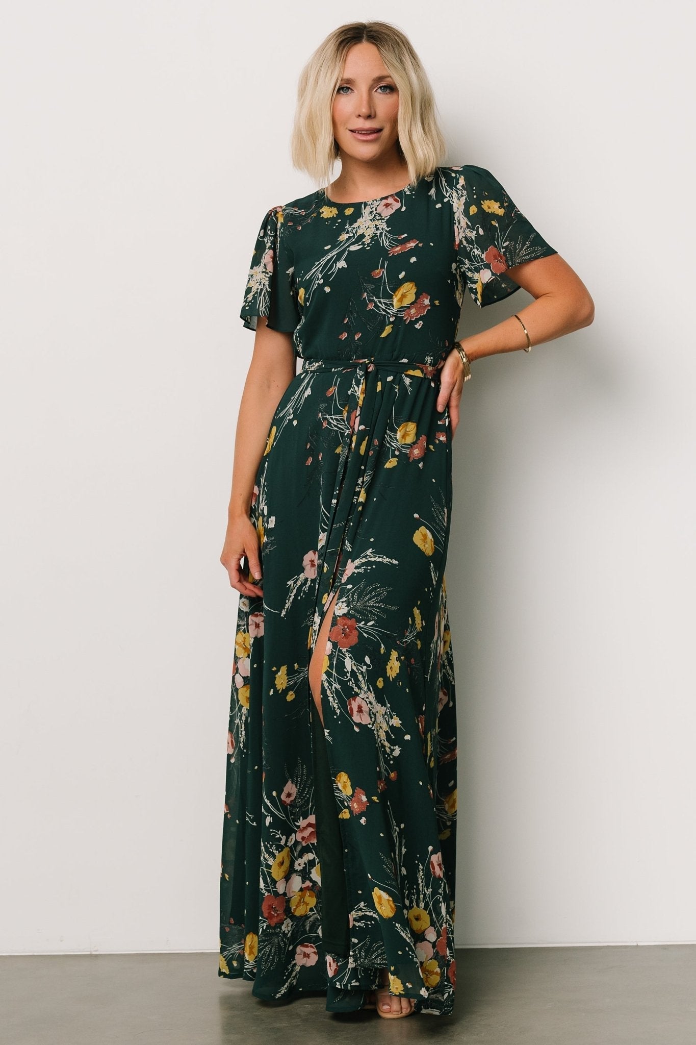 Naomi Short Sleeve Maxi Dress | Dark Green Floral