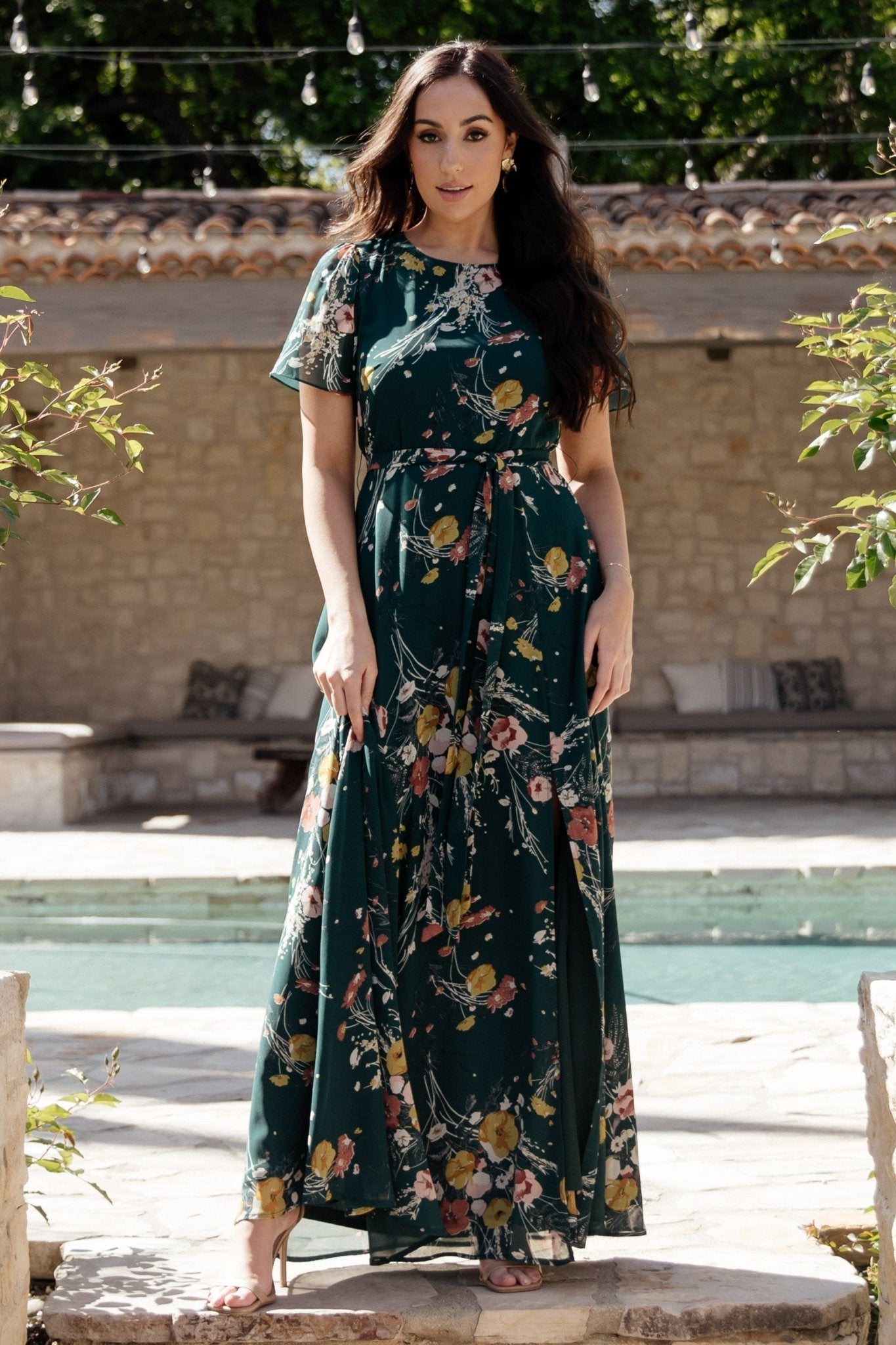 Naomi Short Sleeve Maxi Dress | Dark Green Floral