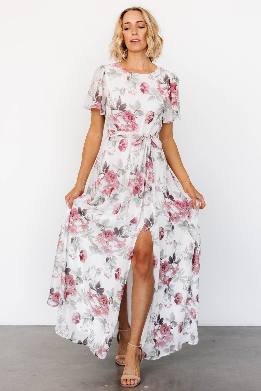 Naomi Short Sleeve Maxi Dress | Off White + Rose Floral