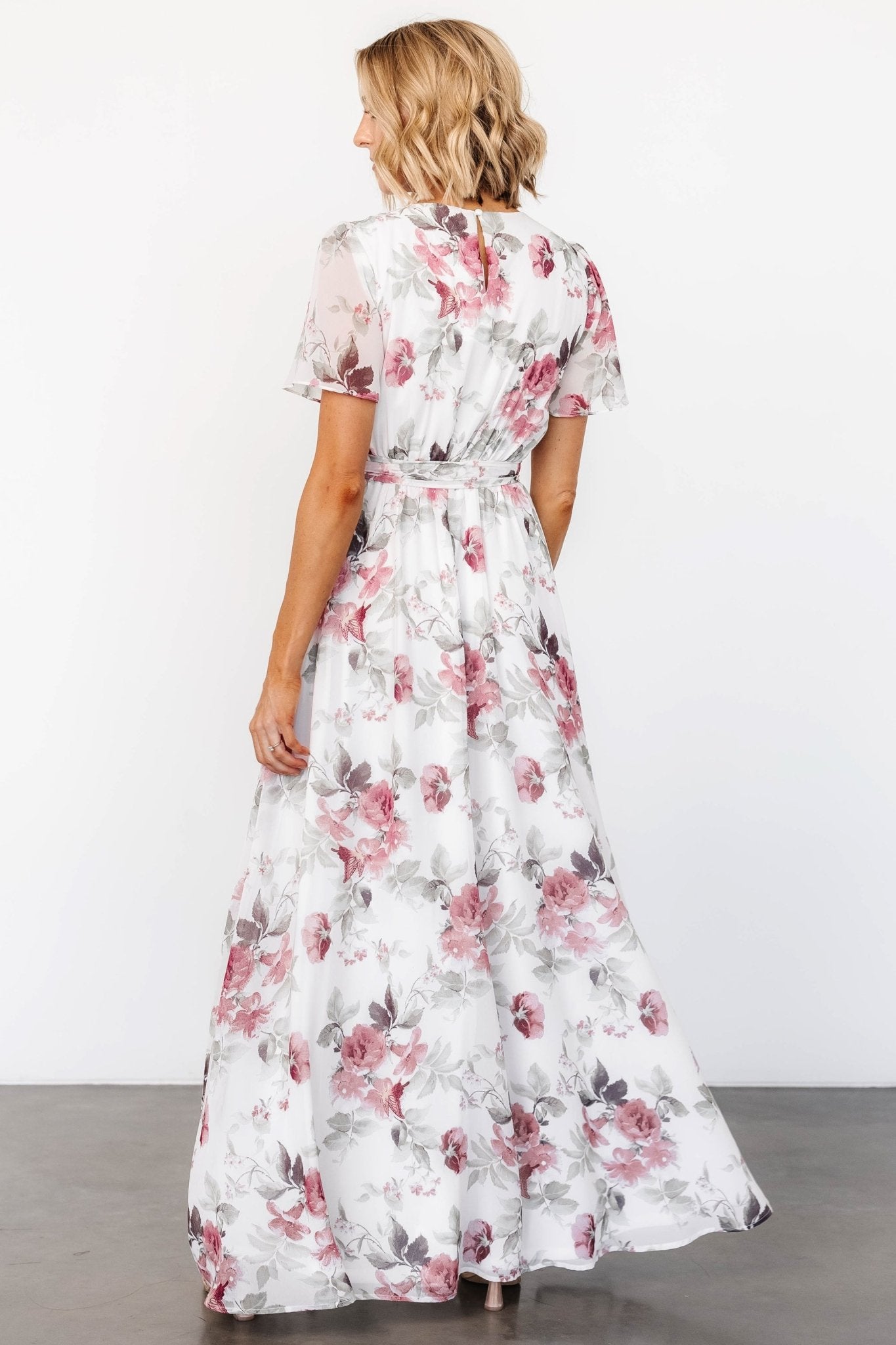Naomi Short Sleeve Maxi Dress | Off White + Rose Floral