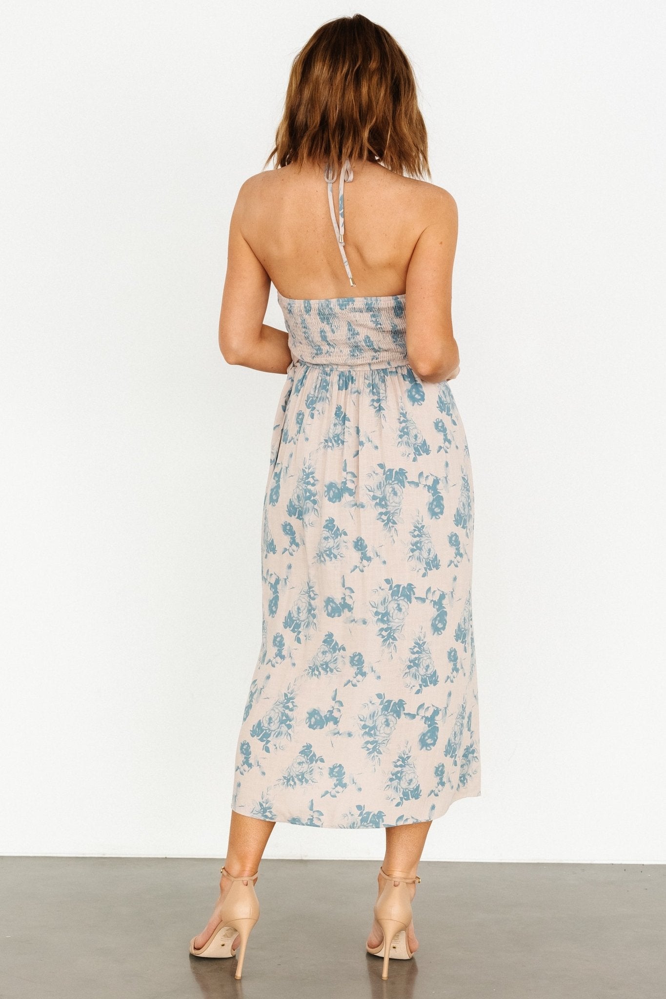 Nicole Faux Wrap Midi Dress | Natural + Blue