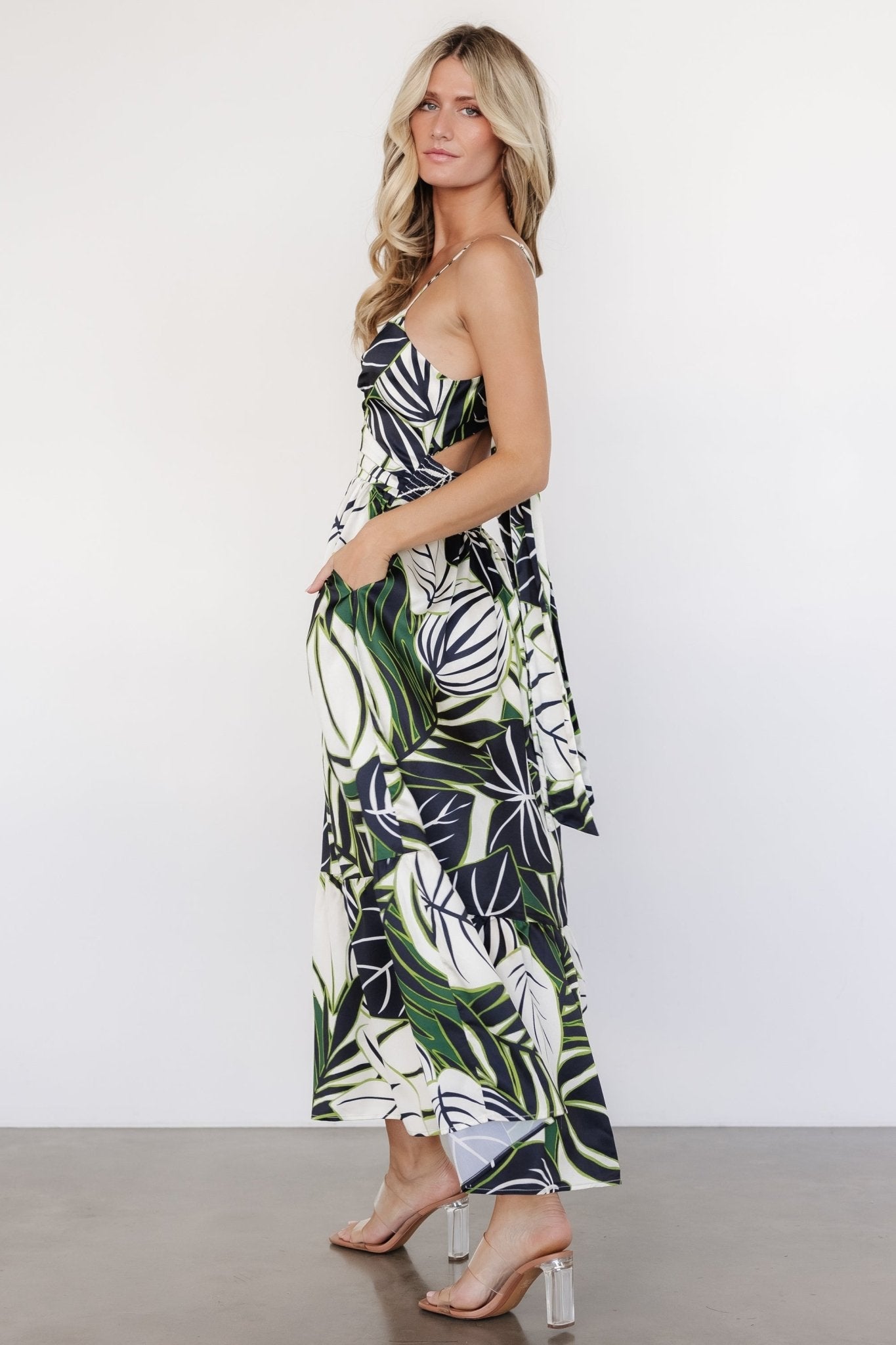 Norita Tie Back Tank Dress | Black + Green Print
