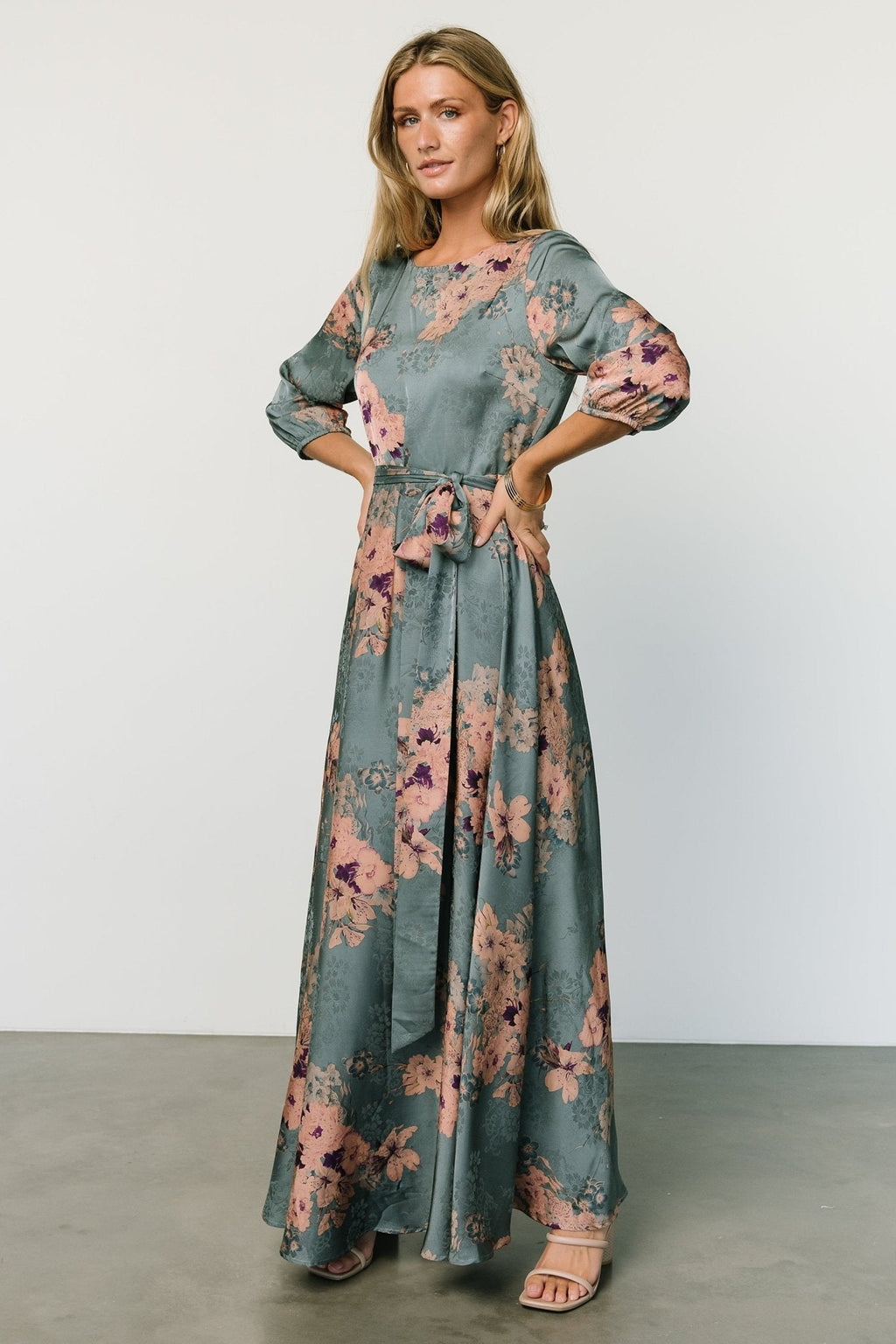 Paula Satin Maxi Dress | Blue + Pink Multi