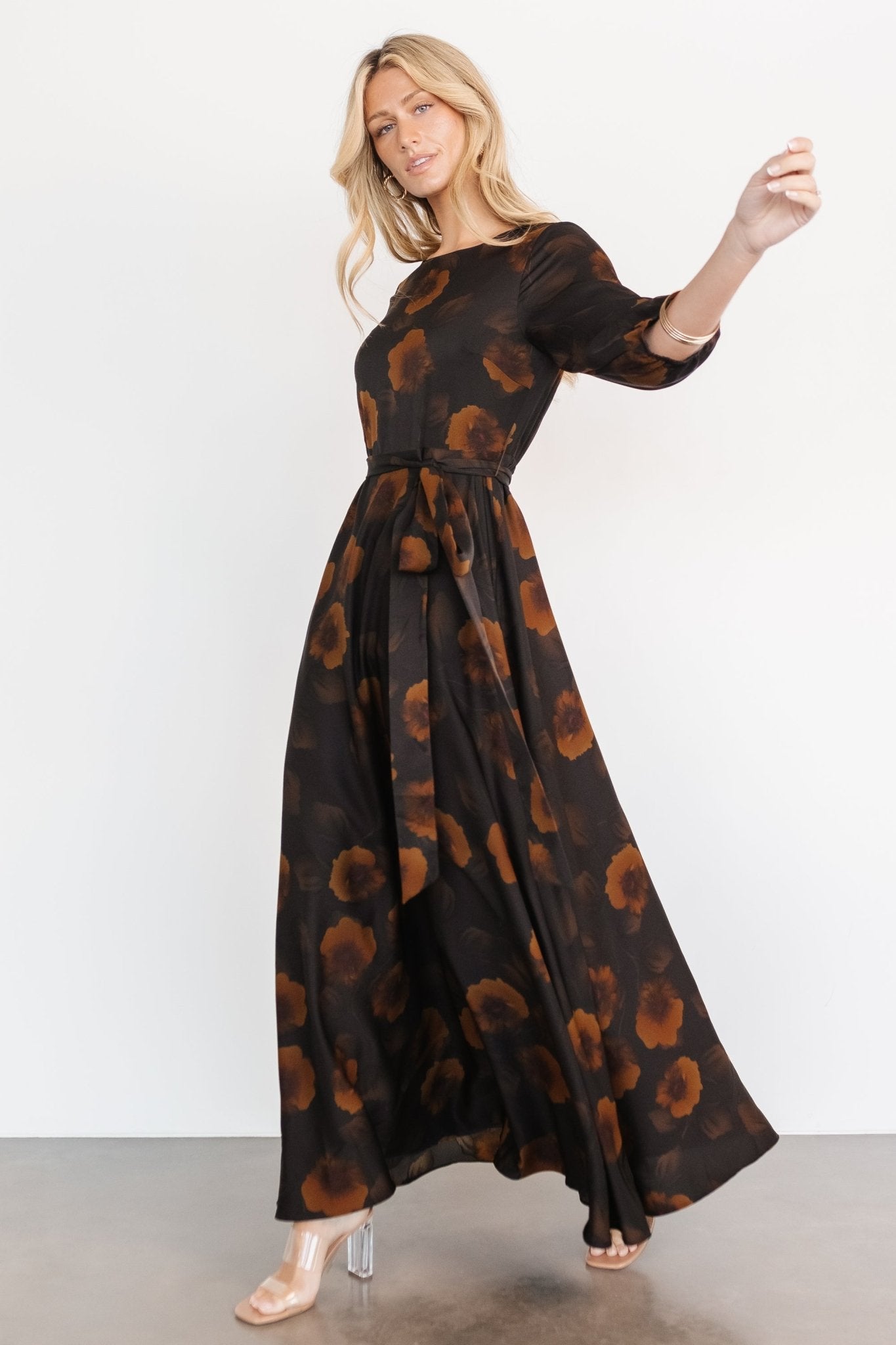 Paula Satin Maxi Dress | Deep Brown Floral