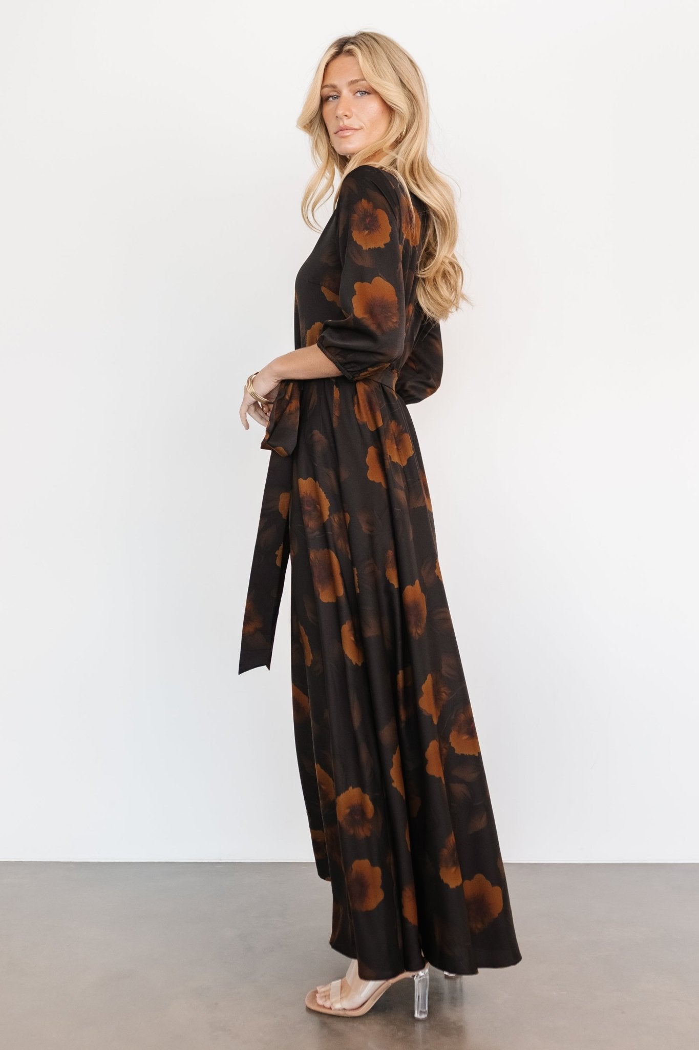 Paula Satin Maxi Dress | Deep Brown Floral
