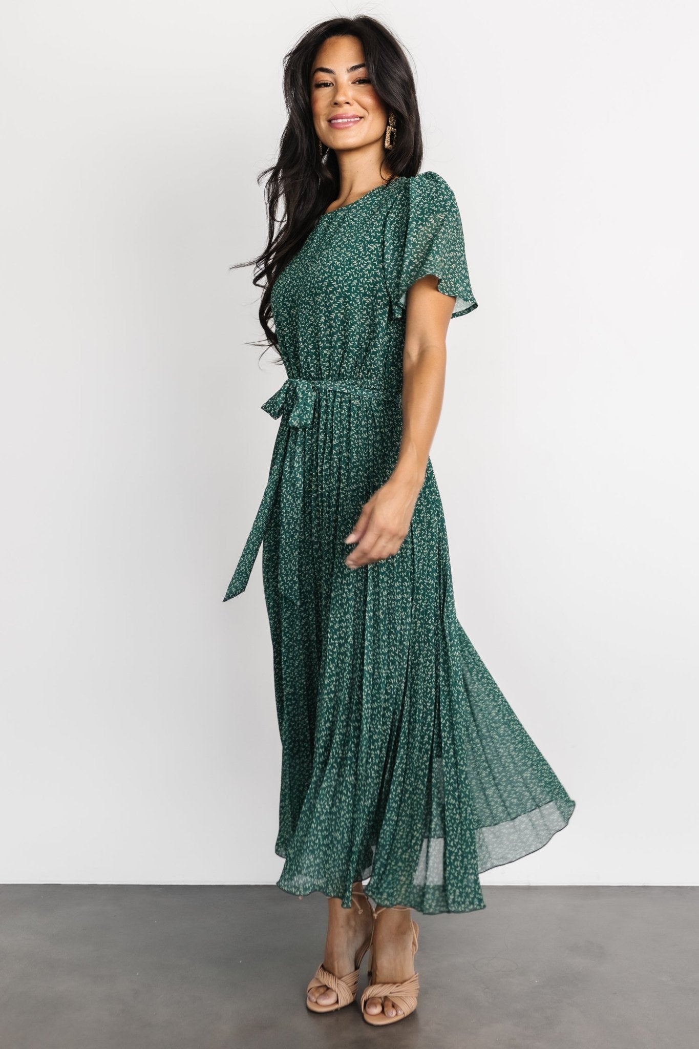 Prim Pleated Dress | Green Print