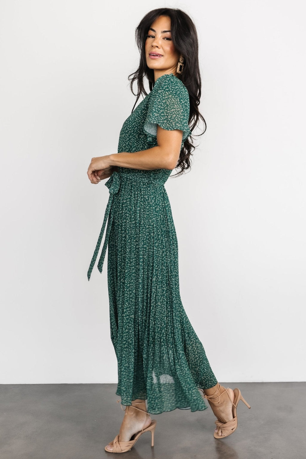 Prim Pleated Dress | Green Print