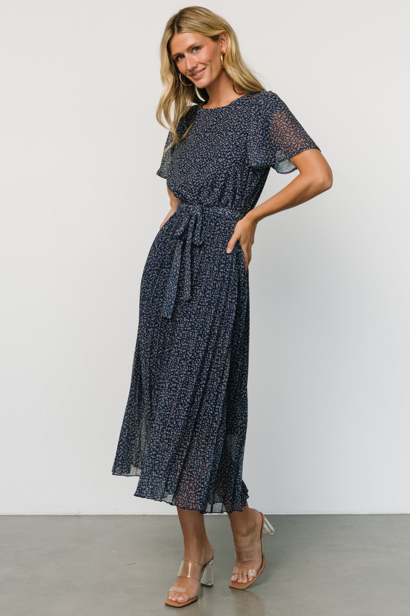 Prim Pleated Dress | Navy Print