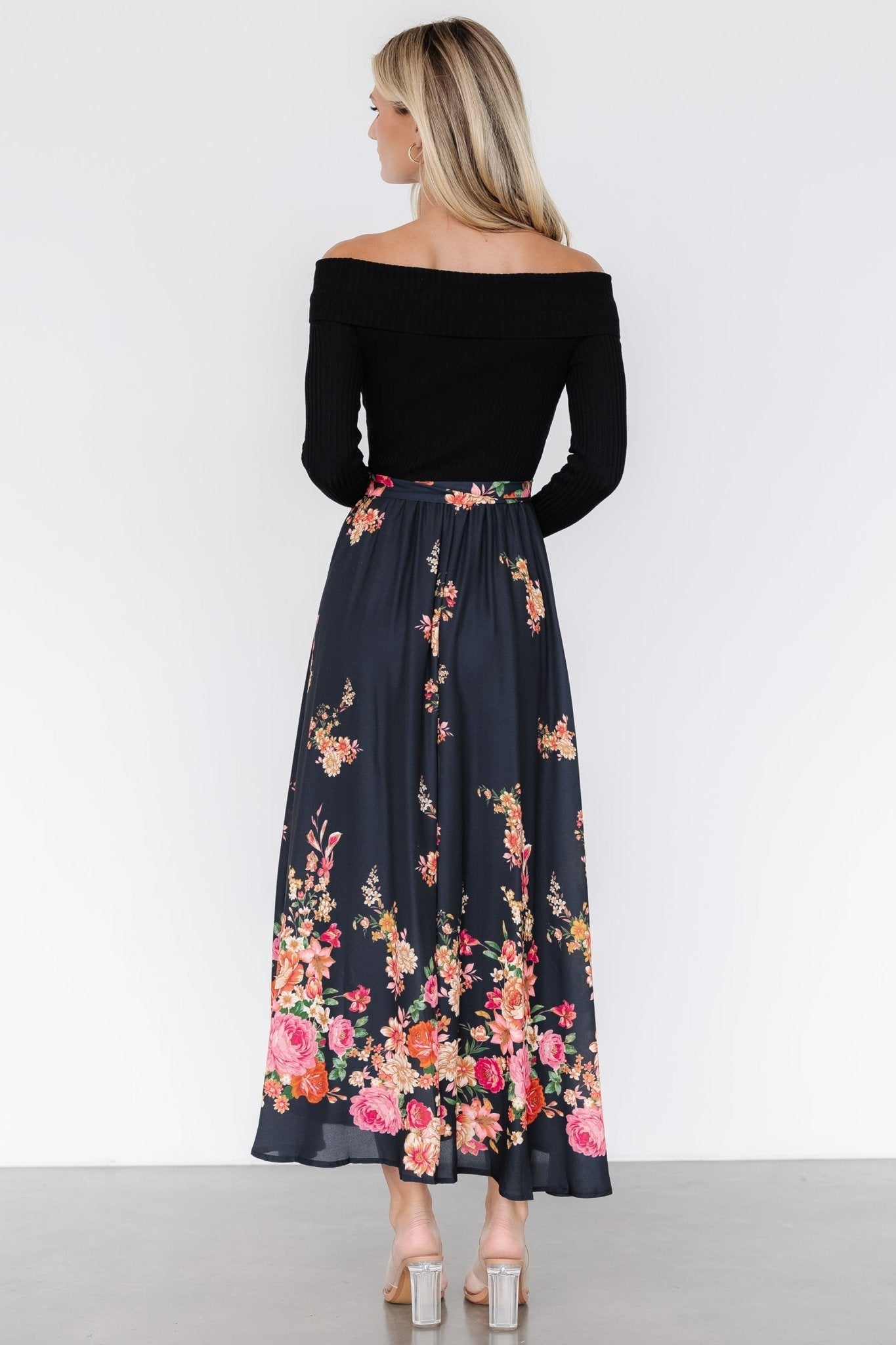 Qadira Off Shoulder Dress | Black + Multi Floral