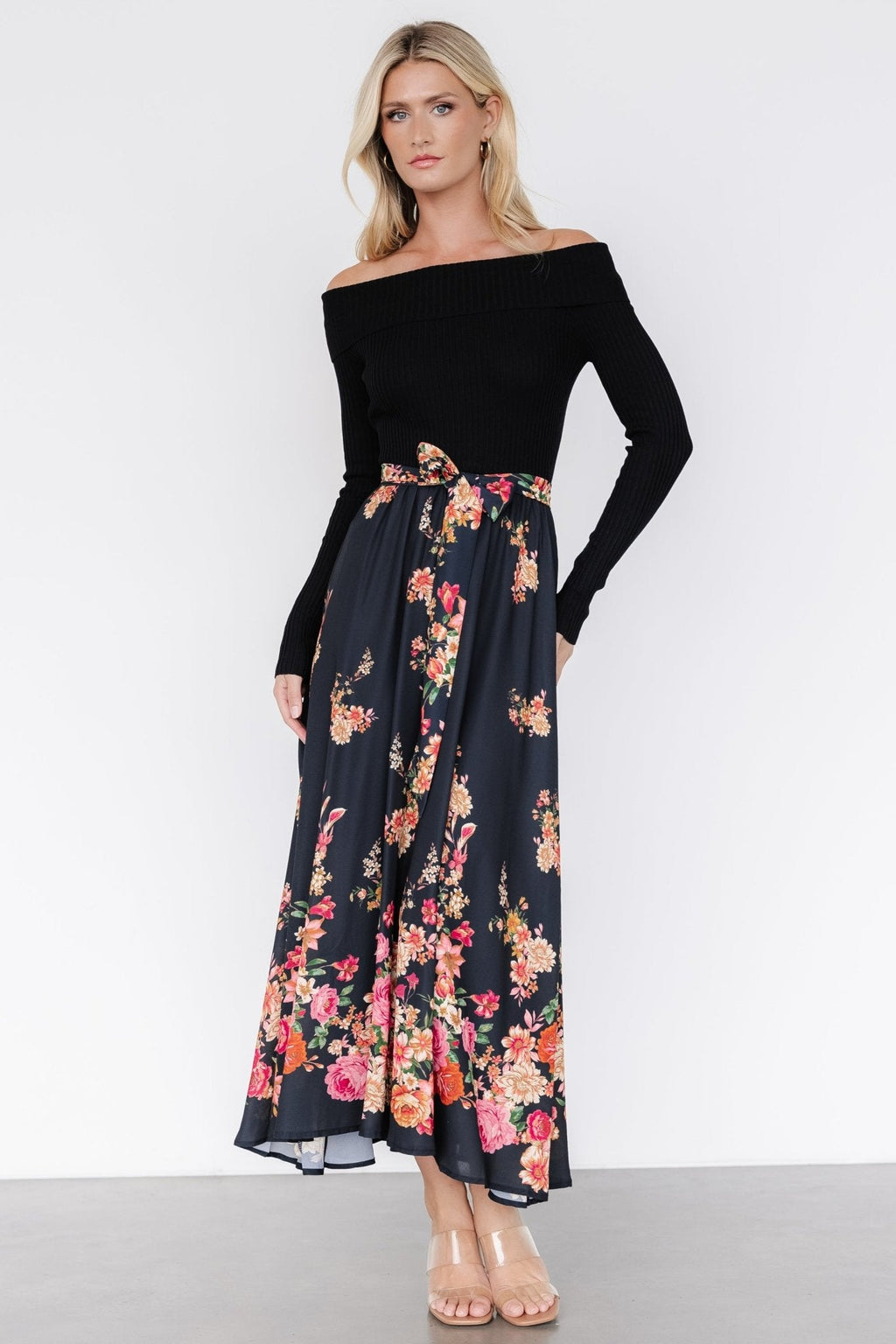 Qadira Off Shoulder Dress | Black + Multi Floral