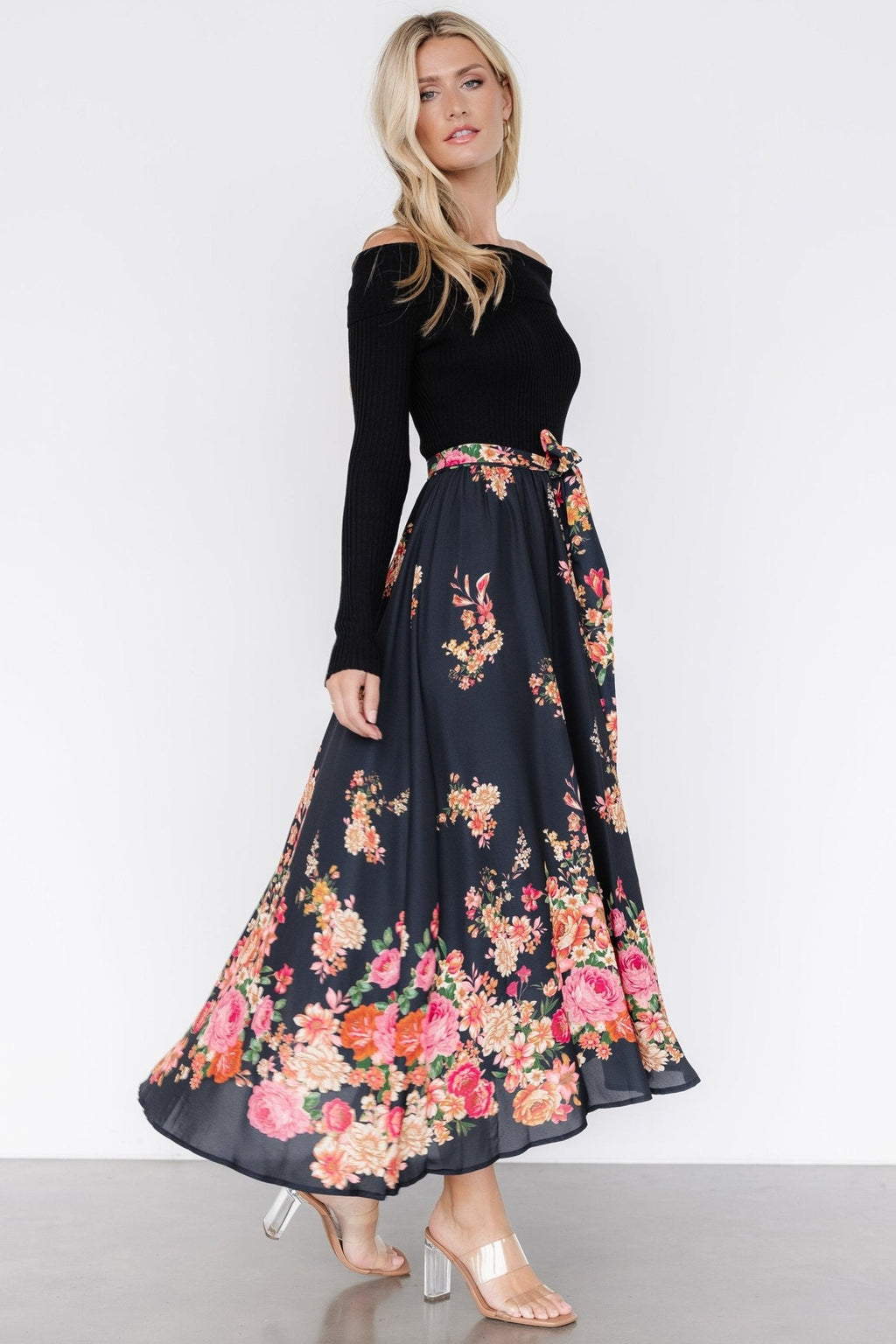 Qadira Off Shoulder Dress | Black + Multi Floral