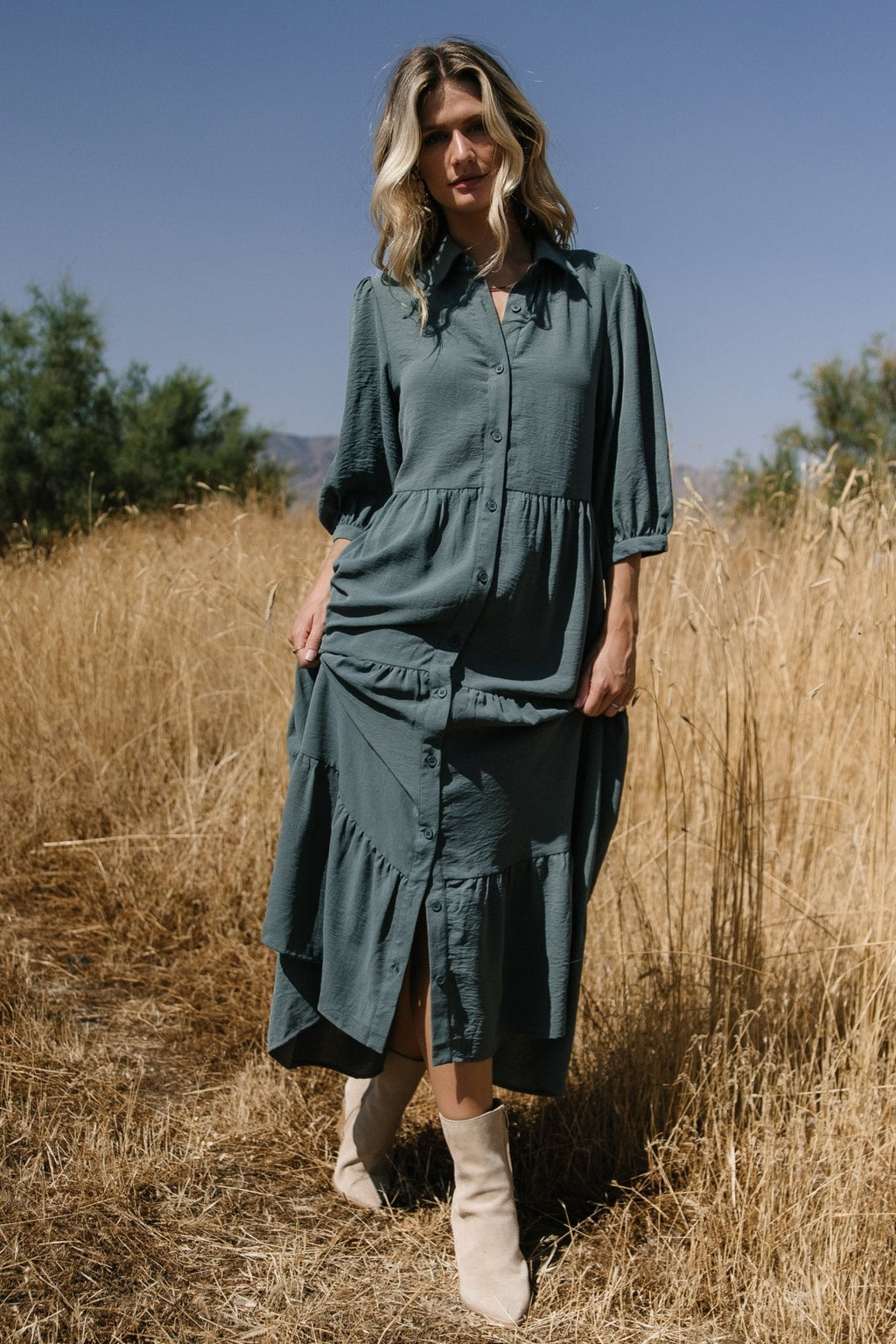 Sandy Button Tiered Dress | Jade