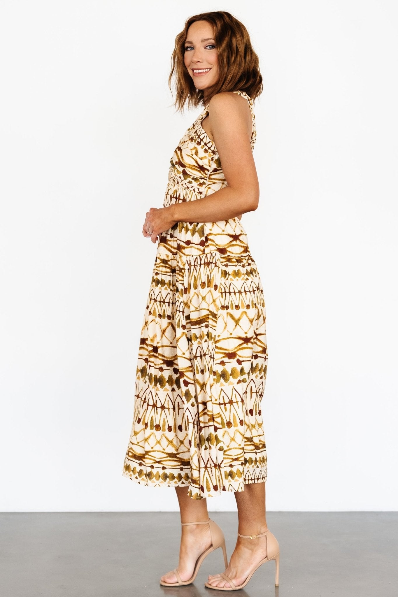 Seraphina Open Back Midi Dress | Tan Multi
