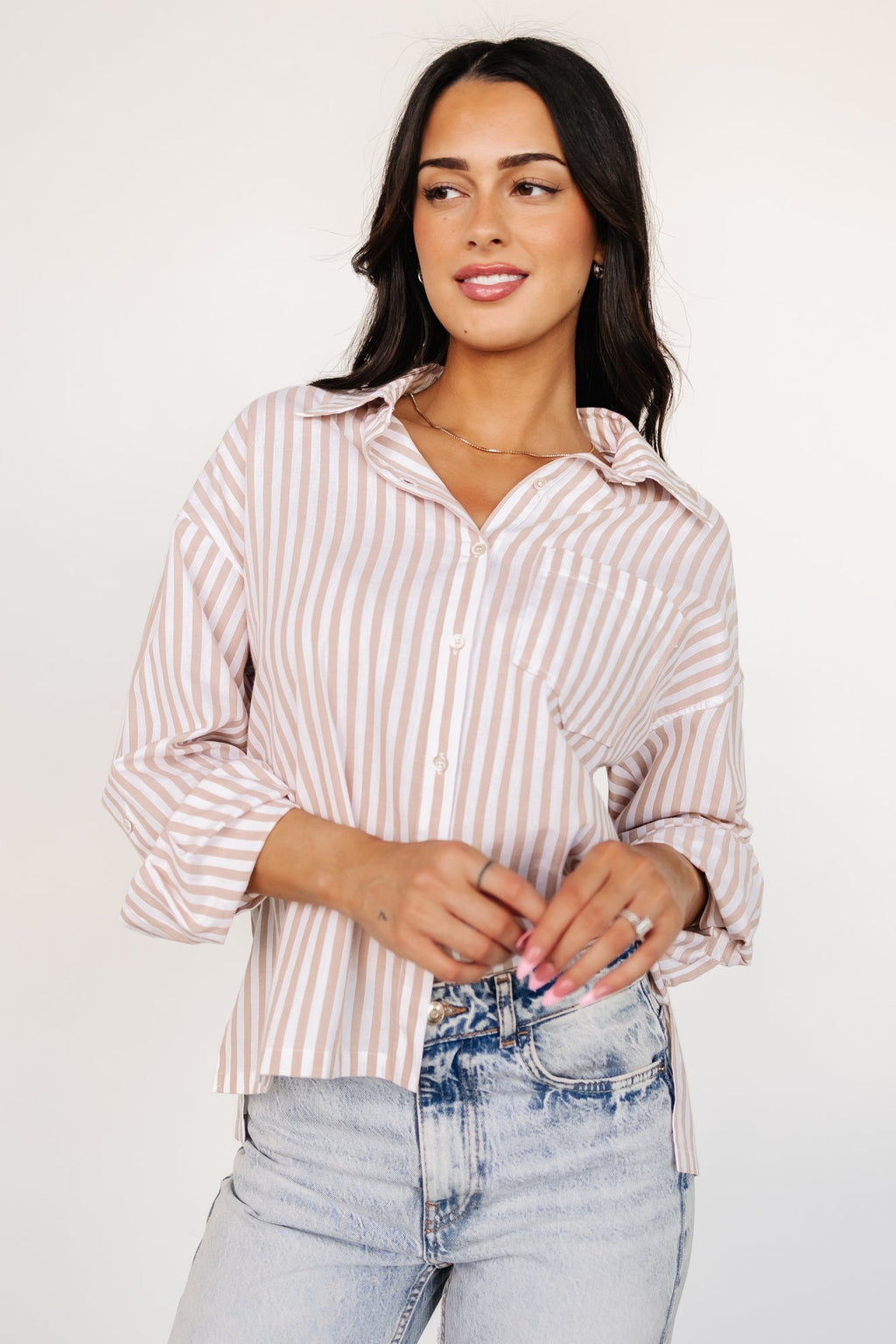Shasta Button Up Top | Beige Stripe