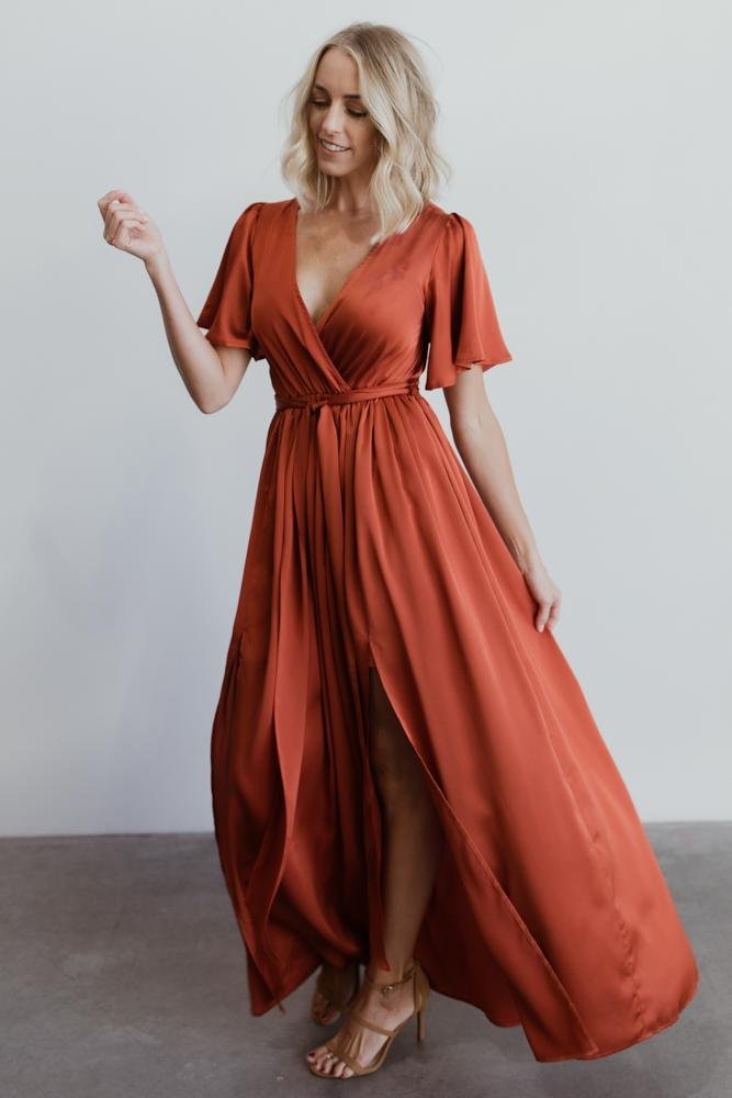 Sicily Satin Maxi Dress | Rust