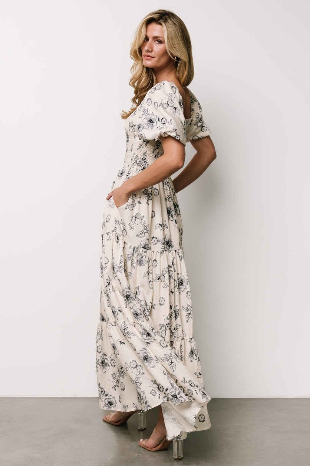 Susanna Smocked Maxi Dress | Ivory + Blue Floral