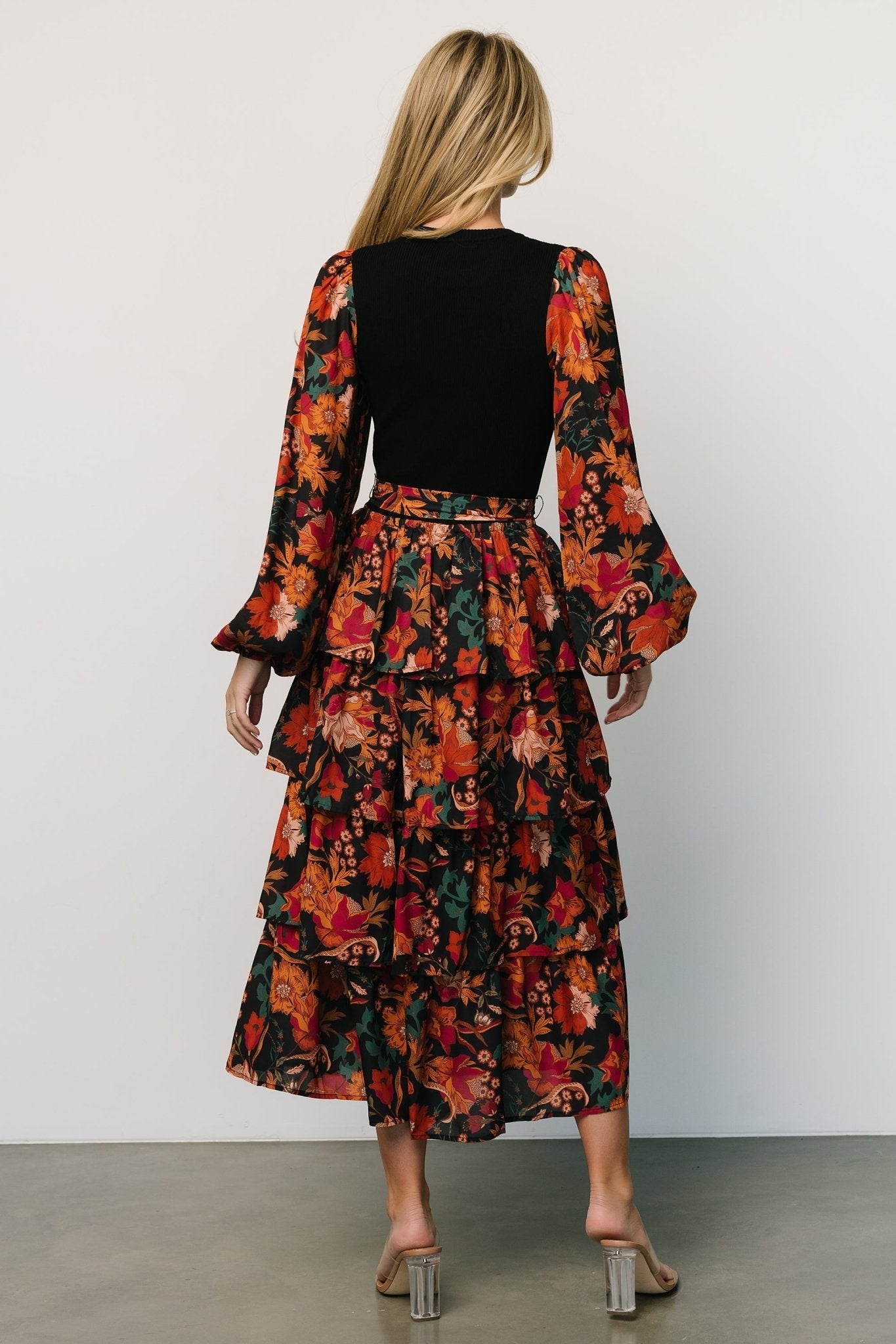 Sylvie Tiered Midi Dress | Black Multi