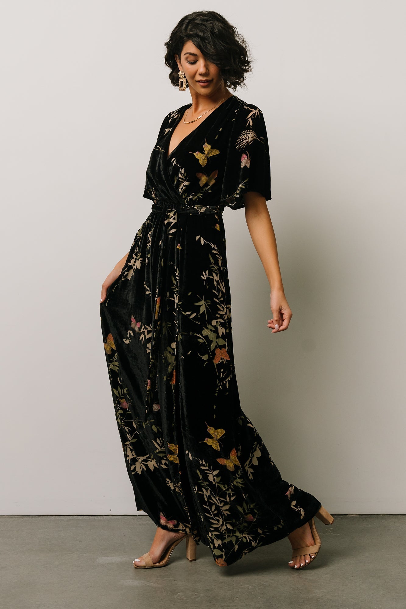 Uma Velvet Maxi Dress | Black Butterfly Print