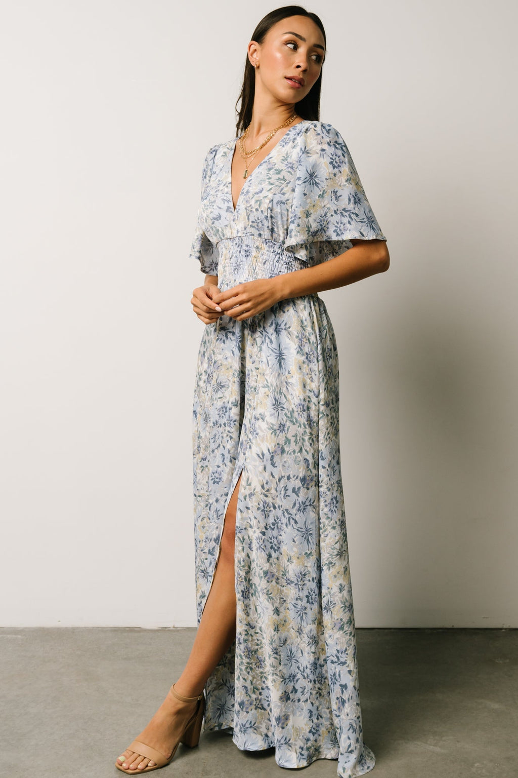 Verona Smocked Maxi Dress | White + Blue Print