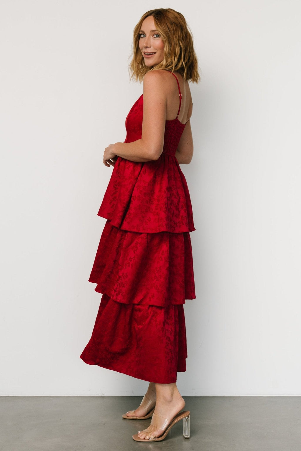 Violetta Embossed Tiered Dress | Deep Red